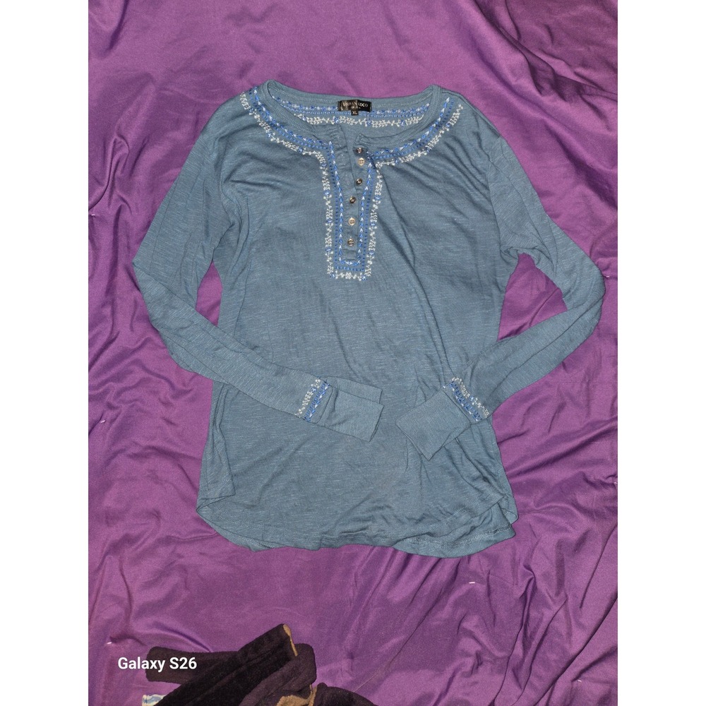 D1. Urban Coco Blue Embroidered Henley Long Sleeve Top XL Boho Slub Knit